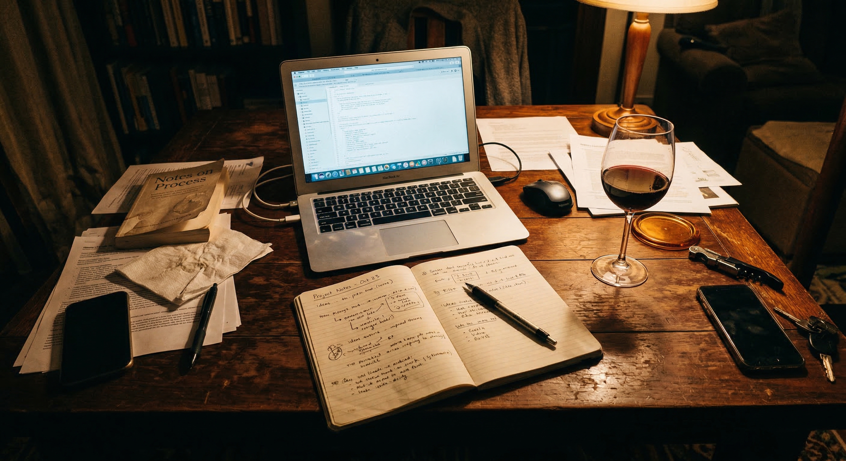 Mesa con vino y notebook